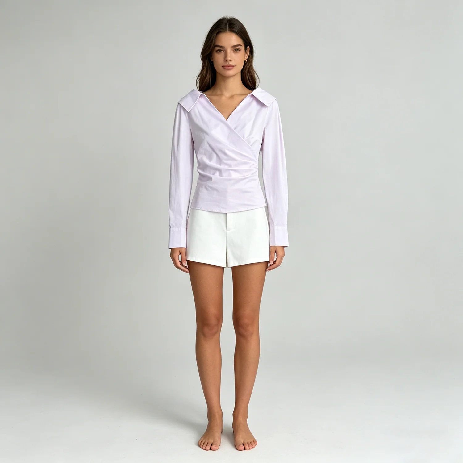 

LIMO 2026 New Elegant Pink Wrap Shirt for Women, V-Neck Lapel Long Sleeve Blouse, Ruched Slim Fit Casual Office Top for Commute