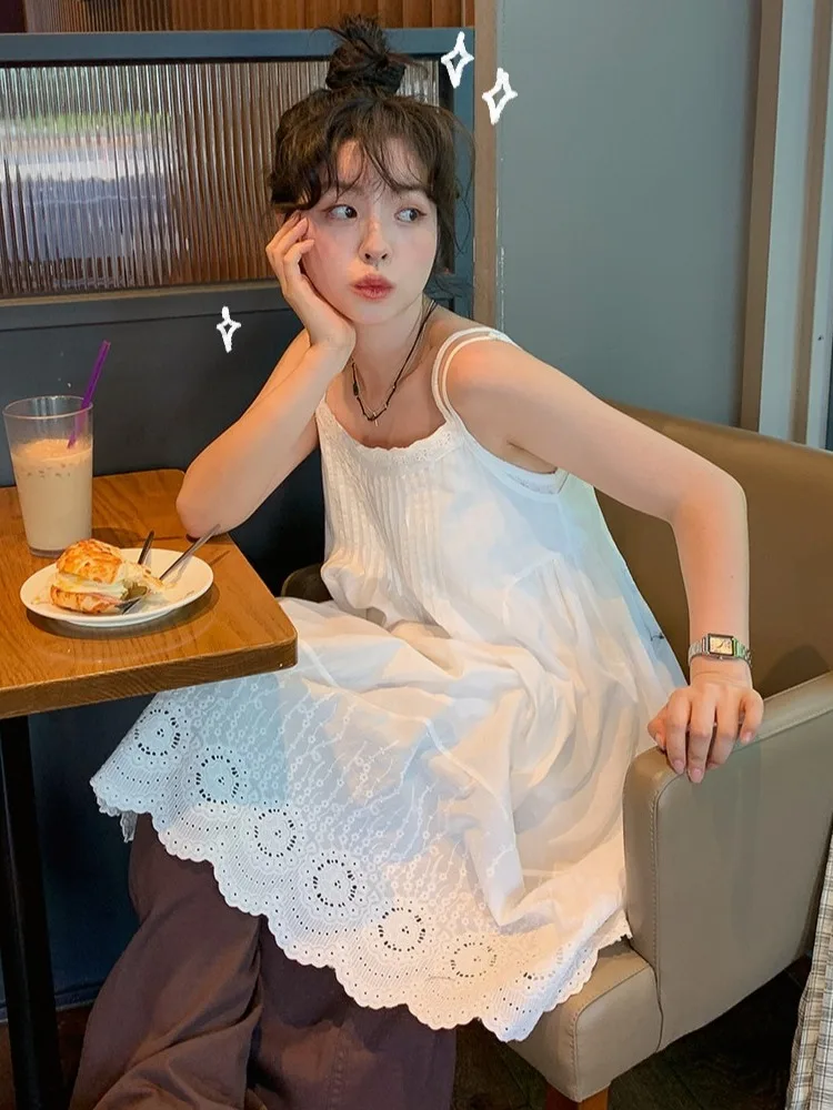 Verão novo branco bordado  vestido f moda fresco estilo em camadas wearable estilo coreano viagem gável saia li...