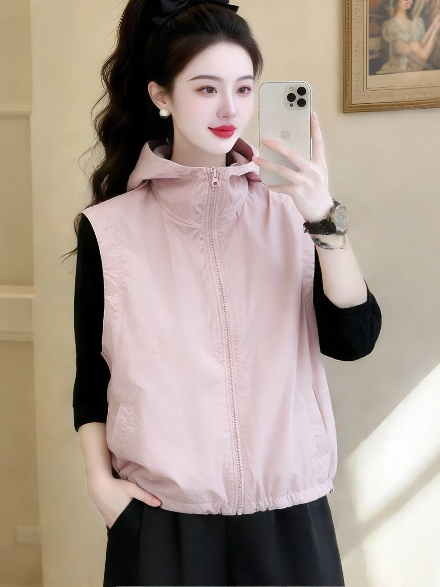 plus Size Women's Fashionable Summer Outerwear Hooded Vest Jacket Sleeveless Trendy Commute Style Standard Fit Zipper Closure