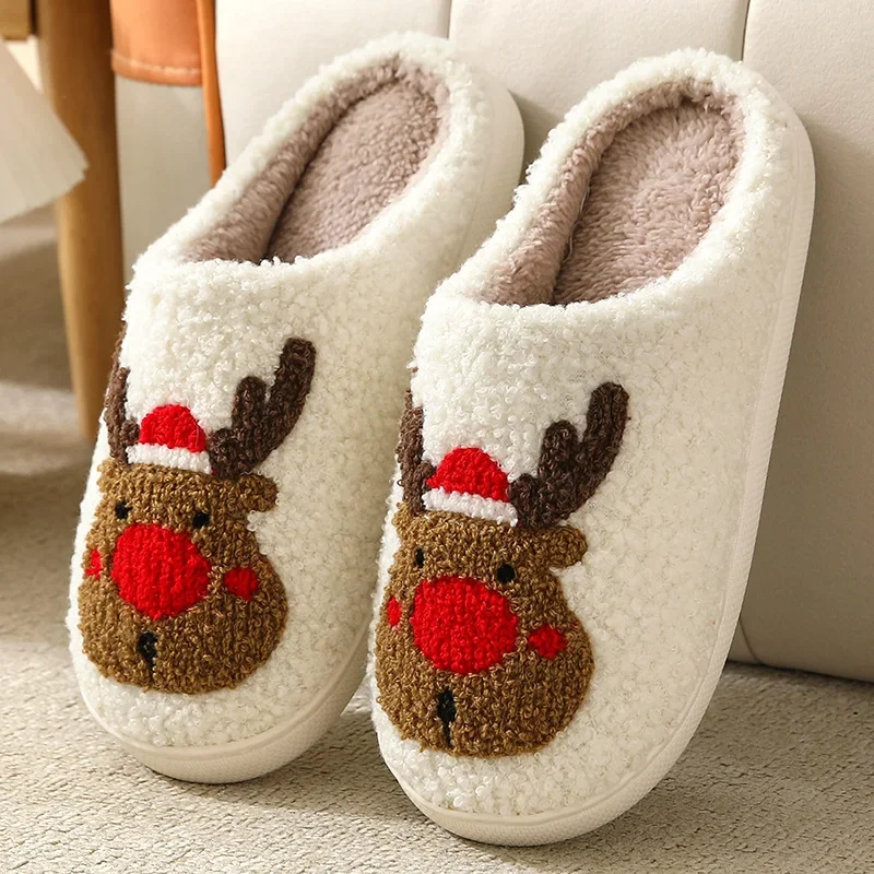 Zapatillas de casa de ciervo navideño para hombres y mujeres, pantuflas cómodas sin cordones, pantuflas cálidas de felpa, pantuflas mullidas peludas para parejas, Invierno