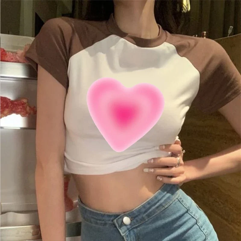 Vintage Fashion Pink Heart Streetwear 2000s Y2k O-Neck T-Shirt Cute Slim Baby Tee Raglan Sleeves Tee Hot Girl Crop Tops Sexy