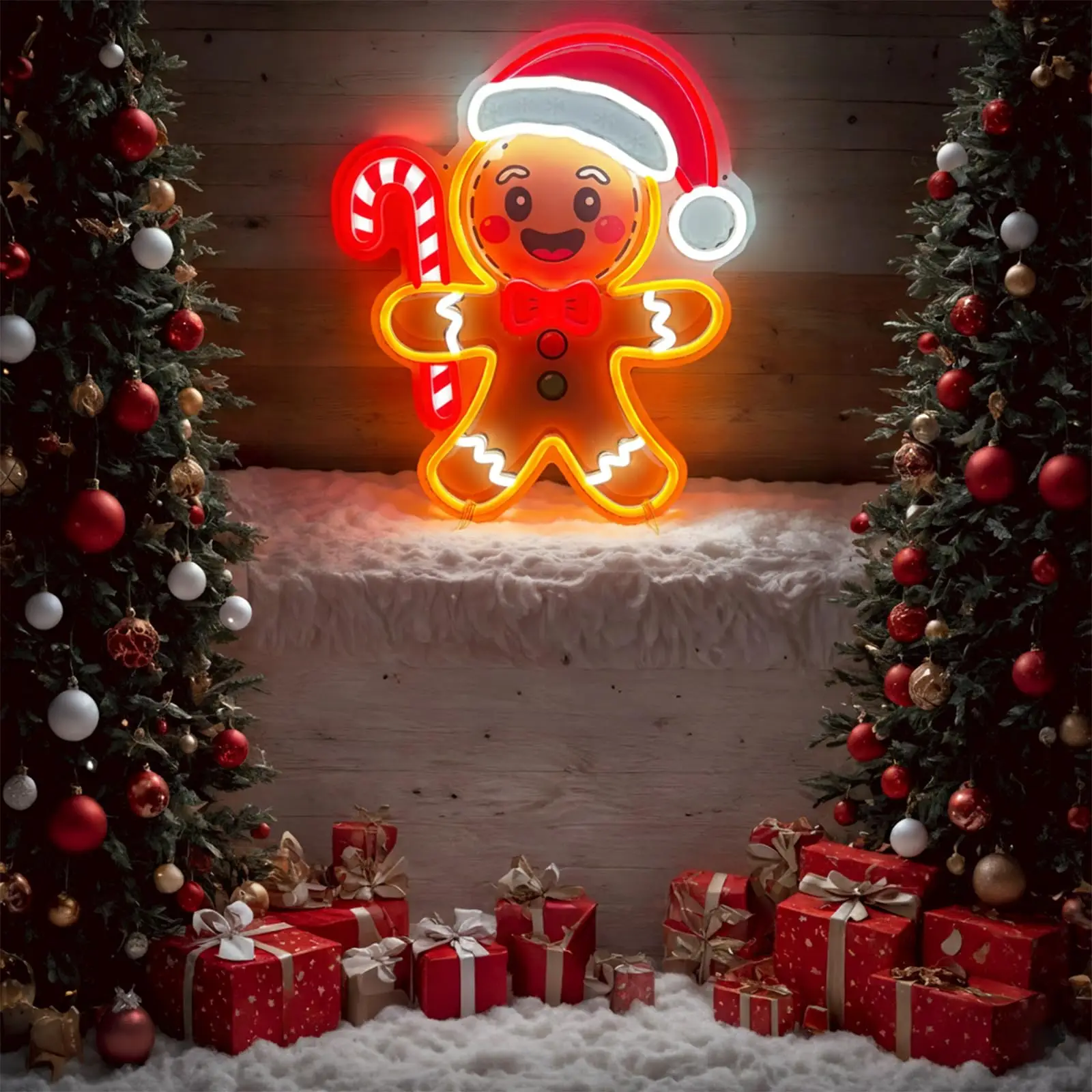 Gingerbread Candy Cane LED Neon Sign for Wall Decor UV Printed Design USB Dimmable for Holiday Party Kids Room Window Gift