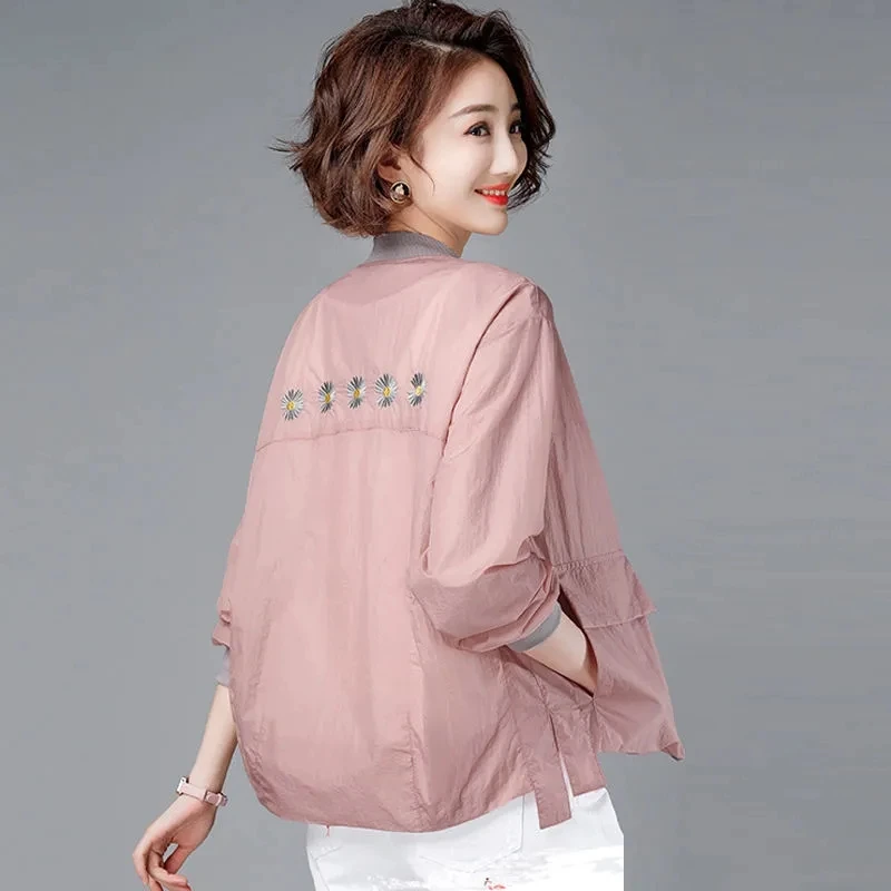 

Oversize Loose Sun Protection Jacket Women Daisy Embroidery Thin Casual Outerwear Long Sleeve Short Spring Summer Clothing Femme