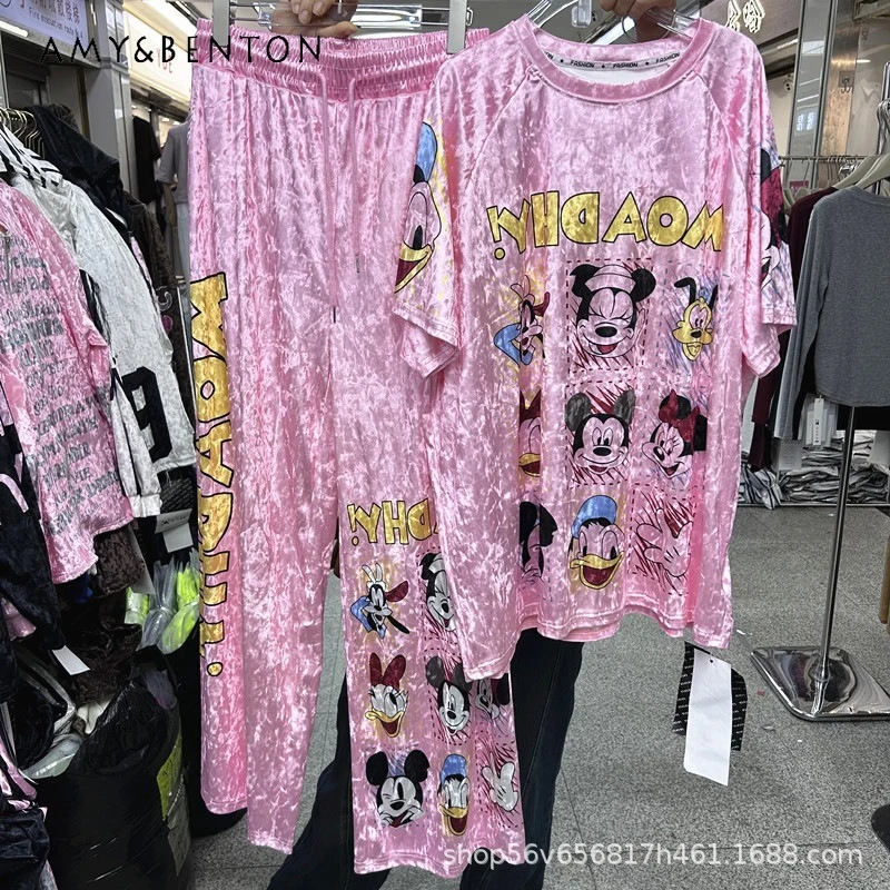 

Unique Design Printed Letter Cartoon Y2k Outfits Loose Short Sleeves T-shirt Top + Elastic Waist Wide Leg Long Pants 2-Piece Set