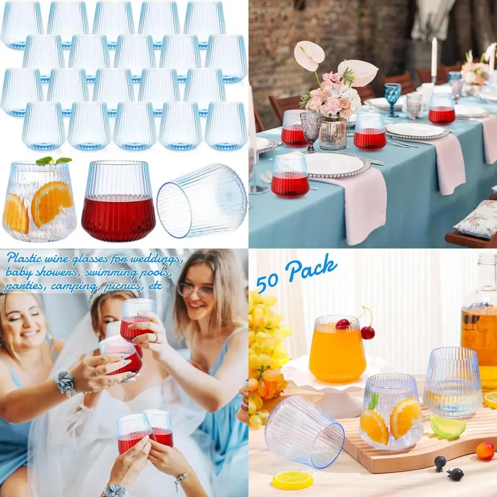 

Set of 50 Durable 14oz Stemless Plastic Wine Glasses with Ribbed Design for Outdoor and Indoor Use - Ideal for Parties and Celeb