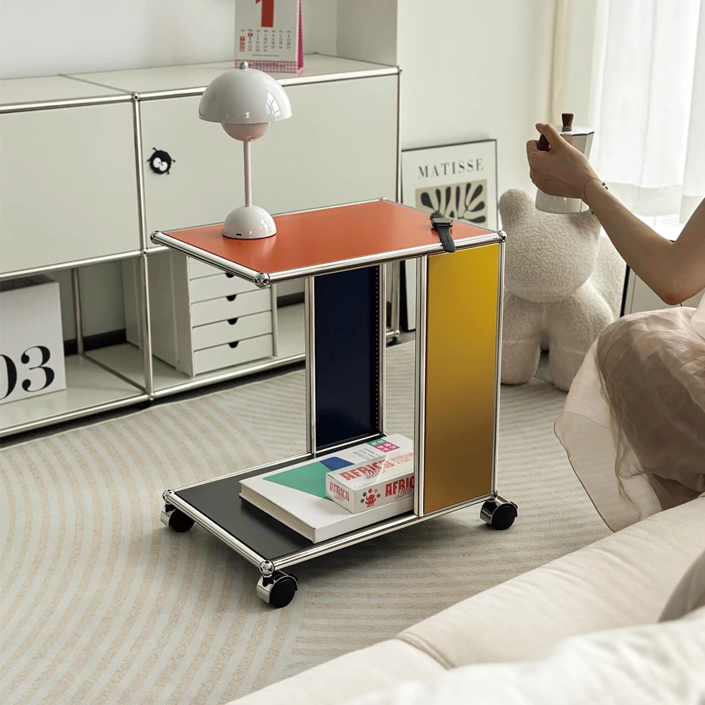 Modern Convertible Color Block Modular Console Table Wheels Storage Cart Stainless Steel for Living Room Bedroom Home Office