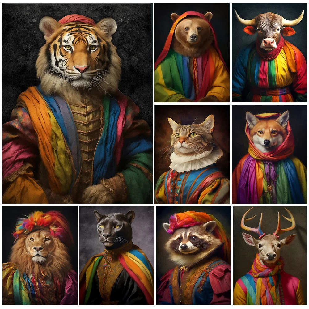 Rainbow Animal Head Human Body Wall Pictures Renaissance Animal Poster Wall Art Canvas Painting and print Unframed