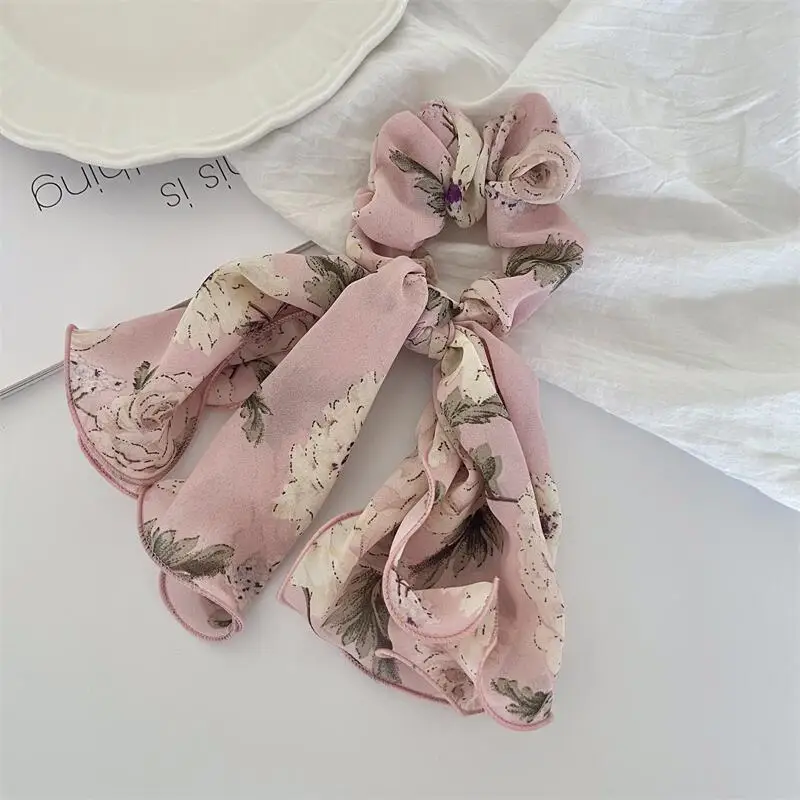 Hot Sale Chiffon Print Big Flower Bow Hair Scrunchies Hair Long Tail Hair Clip Floral Hair Accessories For Woman Girls