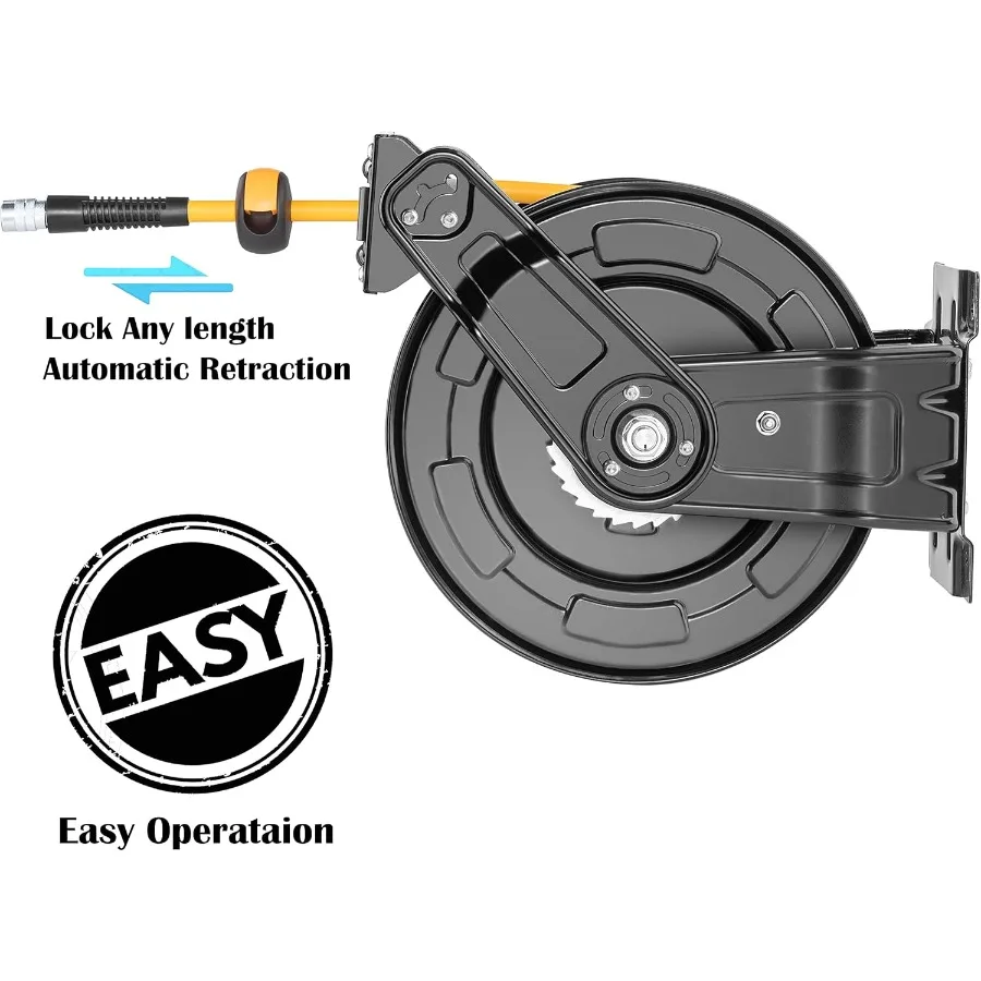 중공업용 에어 호스 릴, 듀얼 암 디자인, 3/8 x 65피트 하이브리드 폴리머 호스, 자동 되감기 기능 탑재