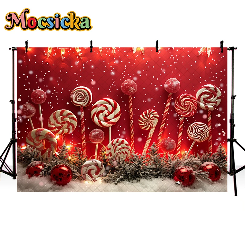 Mocsicka Winter Red Xmas Background For Child Adult Family Photography Candy Lollipop Snowflake Christmas Tree Decor Props