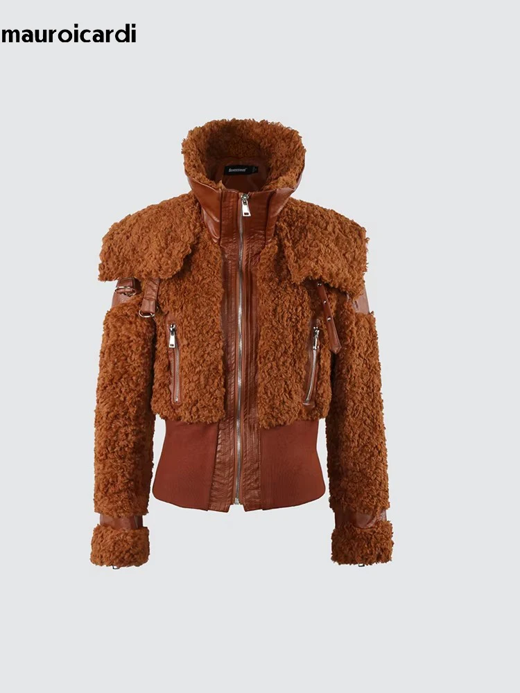 

Mauroicardi Spring Winter Cool Thick Warm Fuzzy Fluffy Brown Faux Fur Coat Women Zip Up Luxury Designer European Clothes 2024
