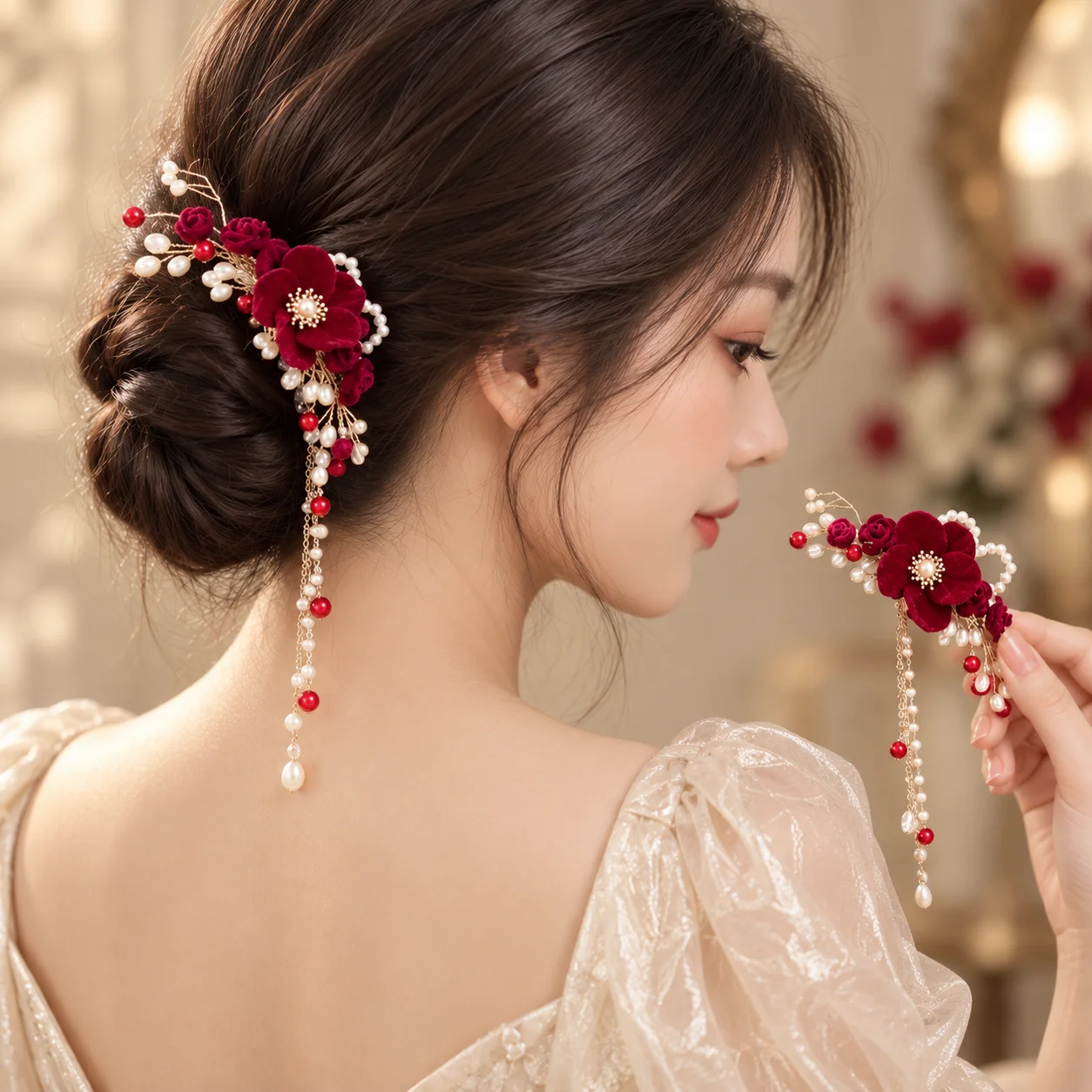 New Chinese-Style Ancient Hairpin for Women, Red Flower Tassel Hairpin, Faux Pearl Beaded Hair Accessory, Elegant and Graceful Hanfu Style Hair Ornament, Wedding and Banquet Styling Accessory, Retro Hair Clip, Hair Styling Tool, High-End Hair Decoration, Lightweight and Comfortable, Does Not Weigh down the Hair, Suitable for Daily Wear and Date Gifts, Traditional Style Jewelry, Oriental Aesthetic Hair Accessory