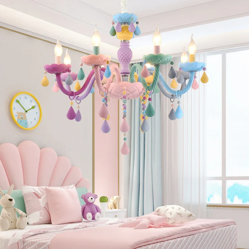 

Crystal Led Chandelier European Candle Lustre Restaurant Bedroom Children Room Light American Girl Princess Makaron Pendant Lamp
