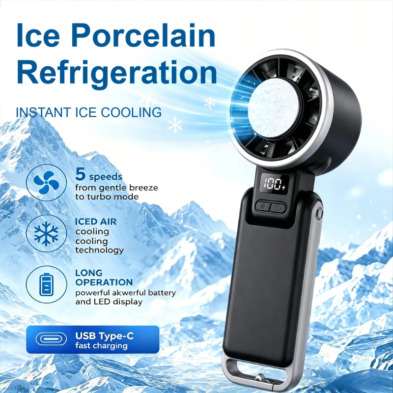 Foldable Handheld Fan Portable Fan Ice Cooling&LED Display for Beach Vacation Cooking Office Travel Camping 2026 New Arrival