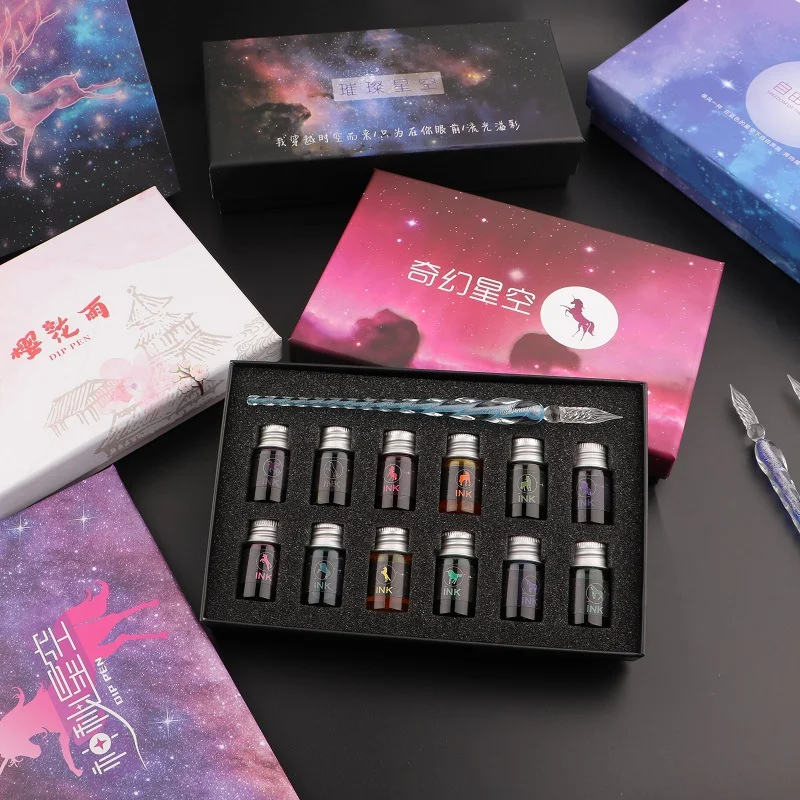 Caneta de imersão de vidro de cristal estrelado, caneta de imersão de vidro vintage para arte, escrita, pintura, assinatura, decoração, conjunto de presente de feriado