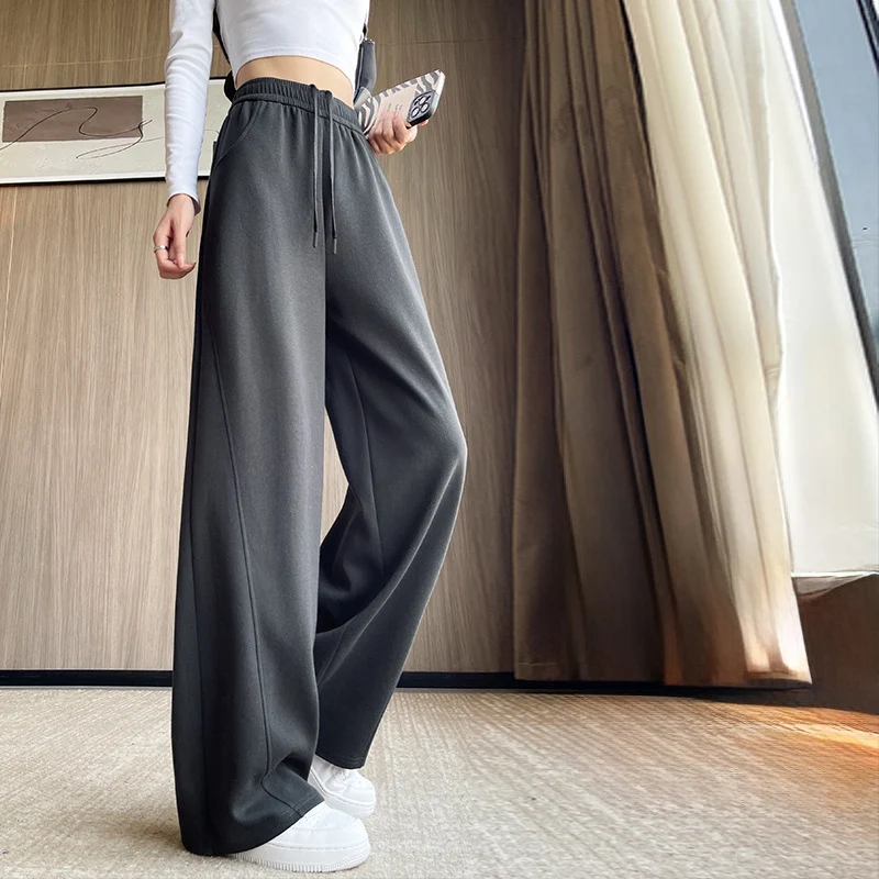 Damskie spodnie dresowe hip-hop na jesień i zimę 2025, modne, elastyczny pas, luźne, szerokie nogawki, proste, jednolite, ze sznurkiem.