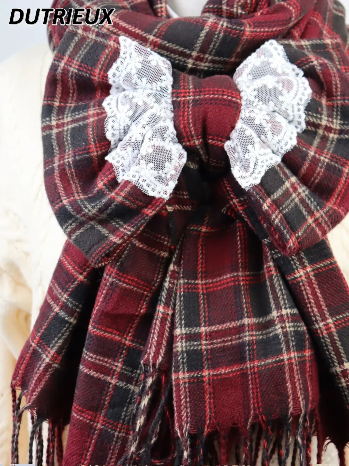 Sweet Bow Scarf Plaid Lolita Cute Girl Shawl Versatile Dual-purpose Model Red Mine Student Japanese Autumn and Winter Scarfs