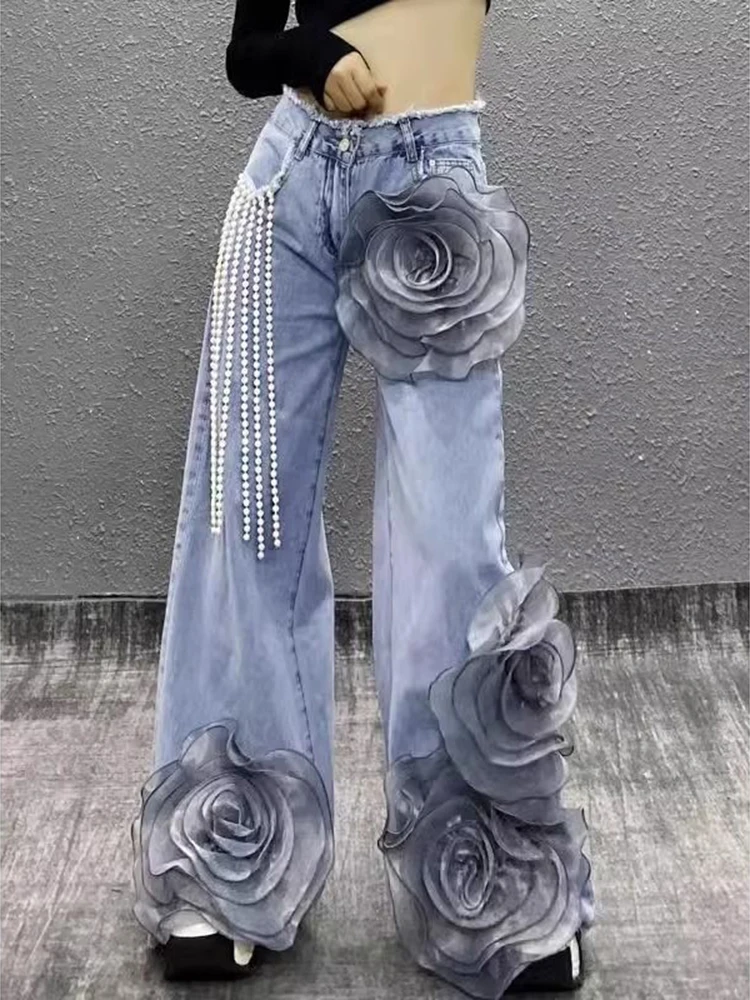 New Trendy Versatile Fashion Denim Pants Women's Spring New Stylish Design Sense Street Three Dimensional Large Flower Jeans