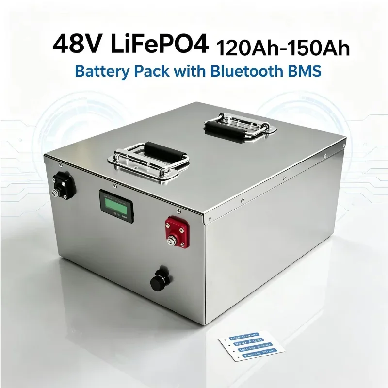 48V LiFePO4 Battery Pack 120Ah‑150Ah, Built‑in Bluetooth BMS & LCD Display, Grade‑A Cells Rechargeable Power Battery With Charge