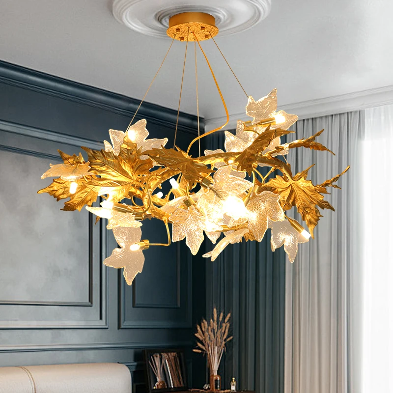 Luxury Copper Tree Branch Chandelier With Maple Leaf Glass Lamp Shade For Living Room Kitchen Table Gold Leaves Pendant Lights