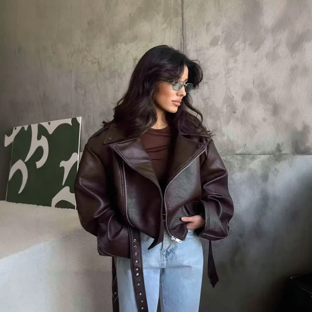 Casual Brown Faux Leather Jacket Women Short Style Lapel Neckline Belted Slim Fit Fashion Streetwear Zipper Outerwear