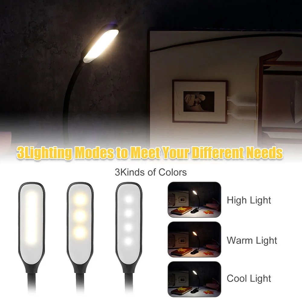 7 LED Book Light USB Rechargeable Reading Light 3-Level Warm Cool White Daylight Portable Flexible Easy Clip Night Reading Lamp