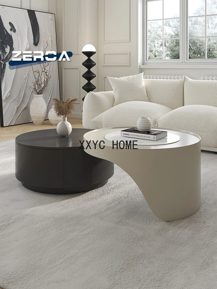 

2024 New Coffee Table Living Room Home Small Apartment Light Luxury High-Grade Cream Style Stone Plate Folding round TV Cabinet