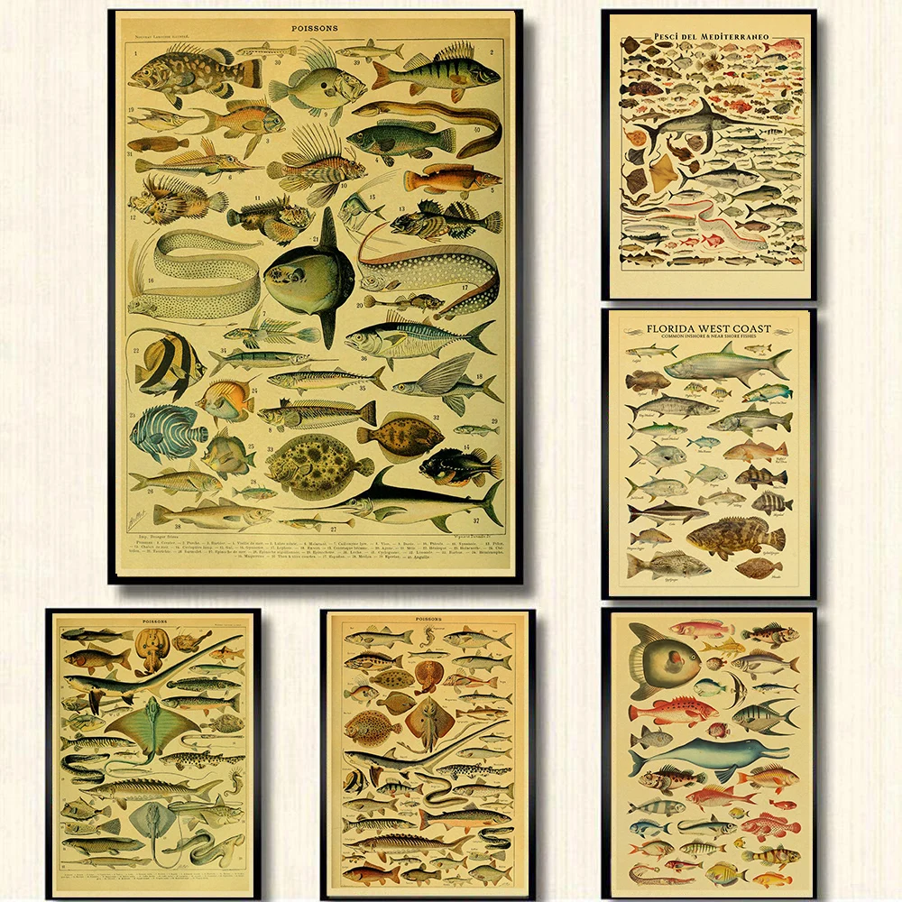 Ocean Fish Vintage Kraft Poster Enlightenment For Home Room Office Wall Sticker Art Picture Painting Prints Gift Decoration