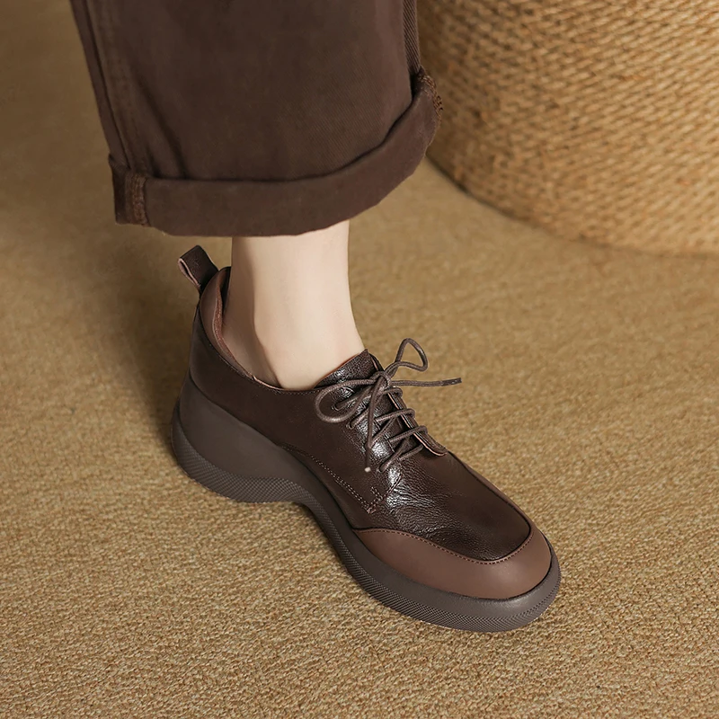 EAGSITY  Cow Leather Wedge Shoes Women shoes thick outsole Platform Shoes Casual Loafers Ladies lace up sneaker Pumps Party