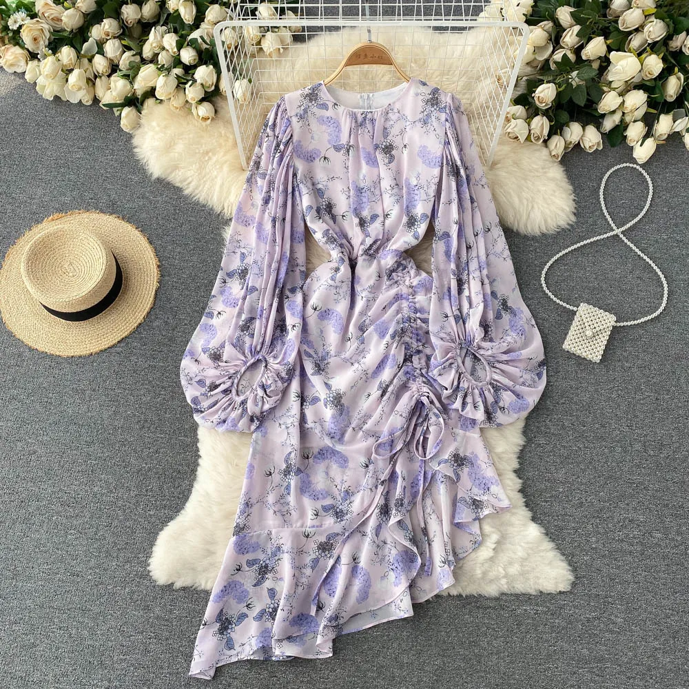 

2022 New Spring Autumn Women Long Sleeve Slim Mini Dress Fashion Drawstring Irregular Hem Vintage Floral Dress