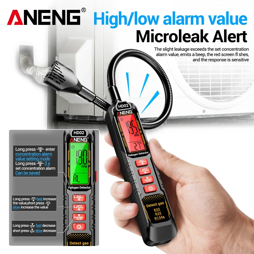 Gas Detector Halogen Leak Detector R22/R32/R134a ANENG Analyzer Rechargable HD02 Refrigerant Gas Air Conditioning Tester Tools
