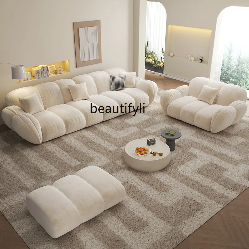 Cream Style Small Apartment Living Room Straight Row Sofa Fabric Skin Feeling Milk Fiber Petal Sofa