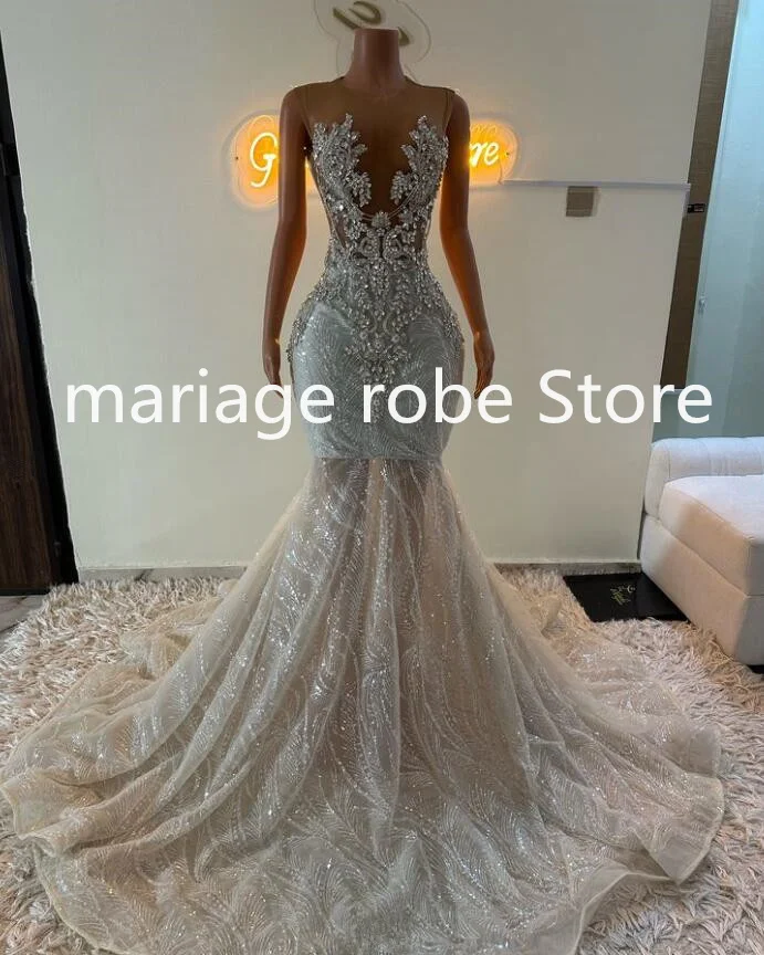 Ivory Champagne Sparkly Mermaid Prom Party Dresses for Black Girl 2025 Luxury Crystal Gillter Evening Gown Gala Shee Mesh