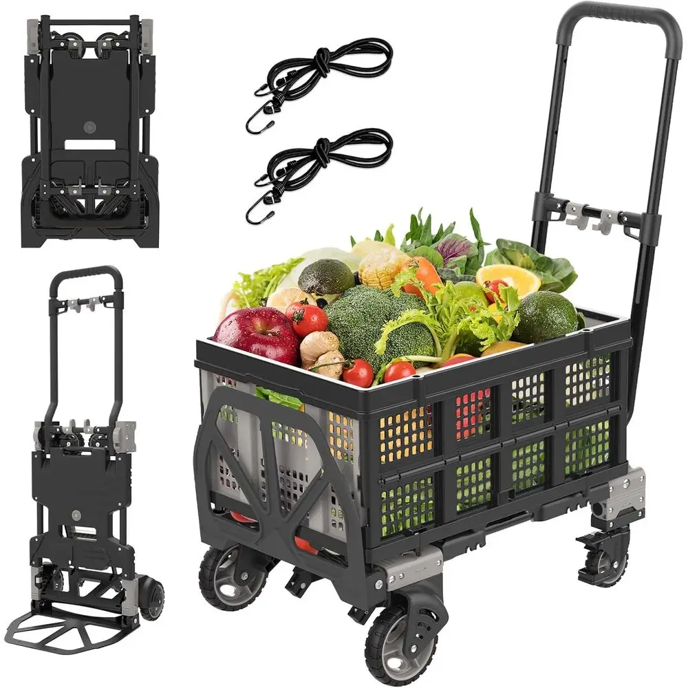 

2-in-1 Folding Hand Truck with Basket, 330lb Capacity, 4-Wheel, Collapsible, Includes 2 Bungee Cords for Moving and Office Use