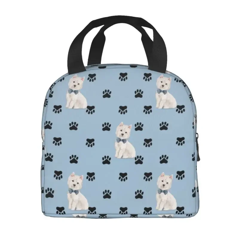 West Highland White Terrier Paw Print Pattern Insulated Lunch Tote Bag Westie Dog Thermal Cooler Food Lunch Box Kids School