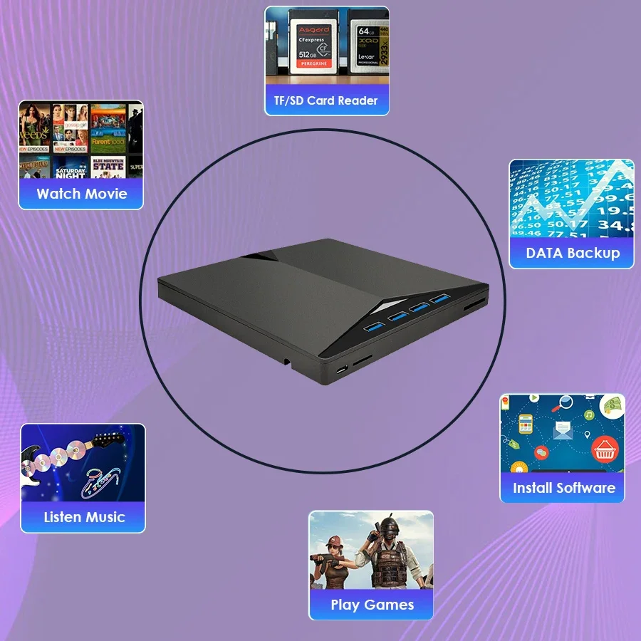 7-in-1 Ultra-Slim External CD DVD Drive USB 3.0 Portable Burner Writer for Laptop Compatible with Desktop Windows 7/8/10