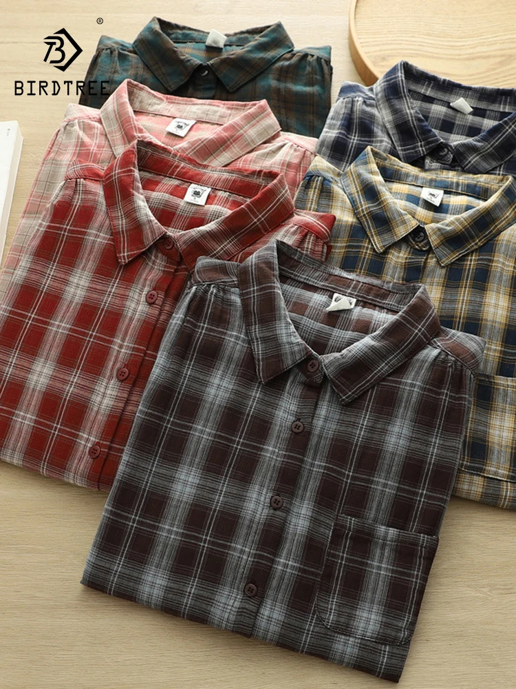 

New 2026 Spring Women Cotton Yarn Long Sleeve Shirt, Turn-down Collar Plaid, Mori Girl Vintage OL Commute Loose Blouse T63362CC