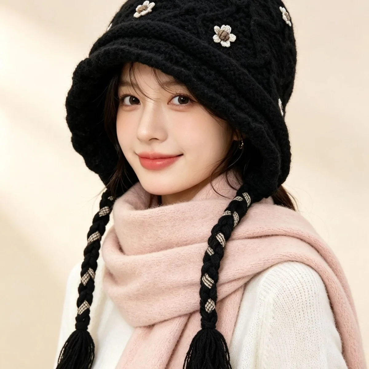 Y2k Autumn And Winter New Knitted Heap Hat Women's Flower Jacquard Wool Hat All-Match Ear Protection Pearl Decoration Warm Cold