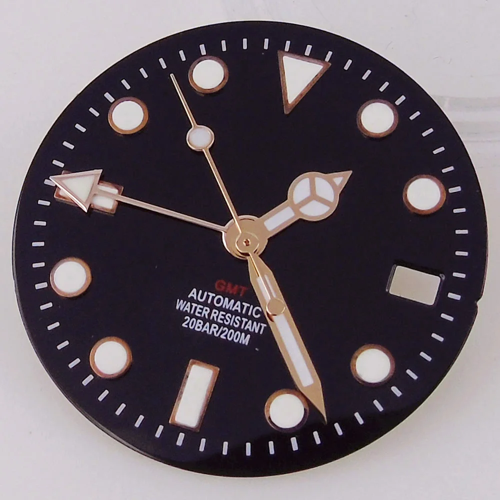 Esfera de reloj secundaria de 29mm para movimiento nh34 gmt, borde negro/dorado/oro rosa para reloj Water Ghost Mod