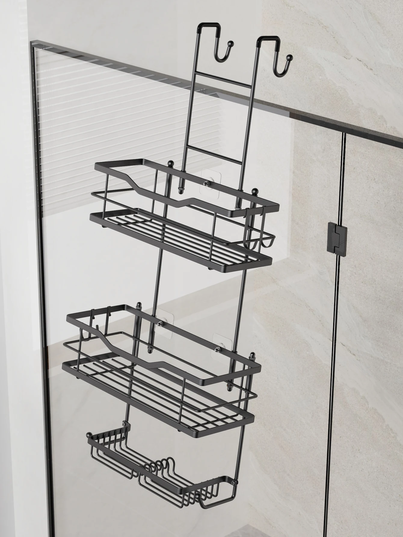 3-stufiger hängender Duschregal, großes Fassungsvermögen, mit 2 Seifenschalen, schwarz/silber – Detail 8