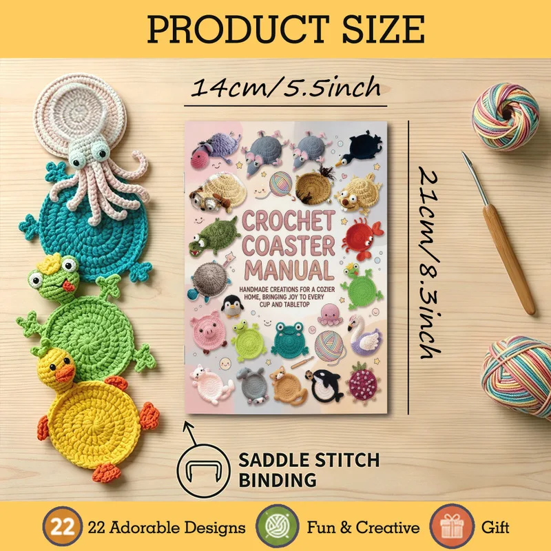 Bestselling A5 Crochet Guide Book, 22 Cute Animal Coaster Patterns, Handmade Knitting Tutorial Book for Beginners