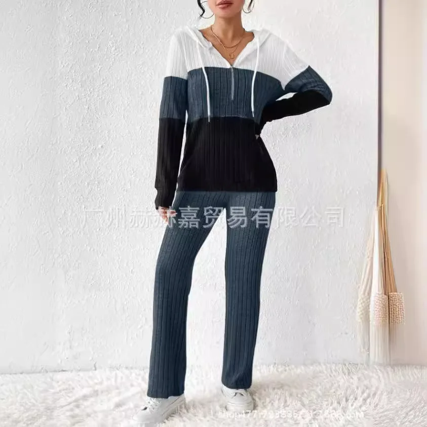 

Осень-зима 2022, женский модный вязаный комплект из двух предметов с цветными блоками и капюшоном на молнии с длинными рукавами, широкие брюки, спортивная одежда для дома