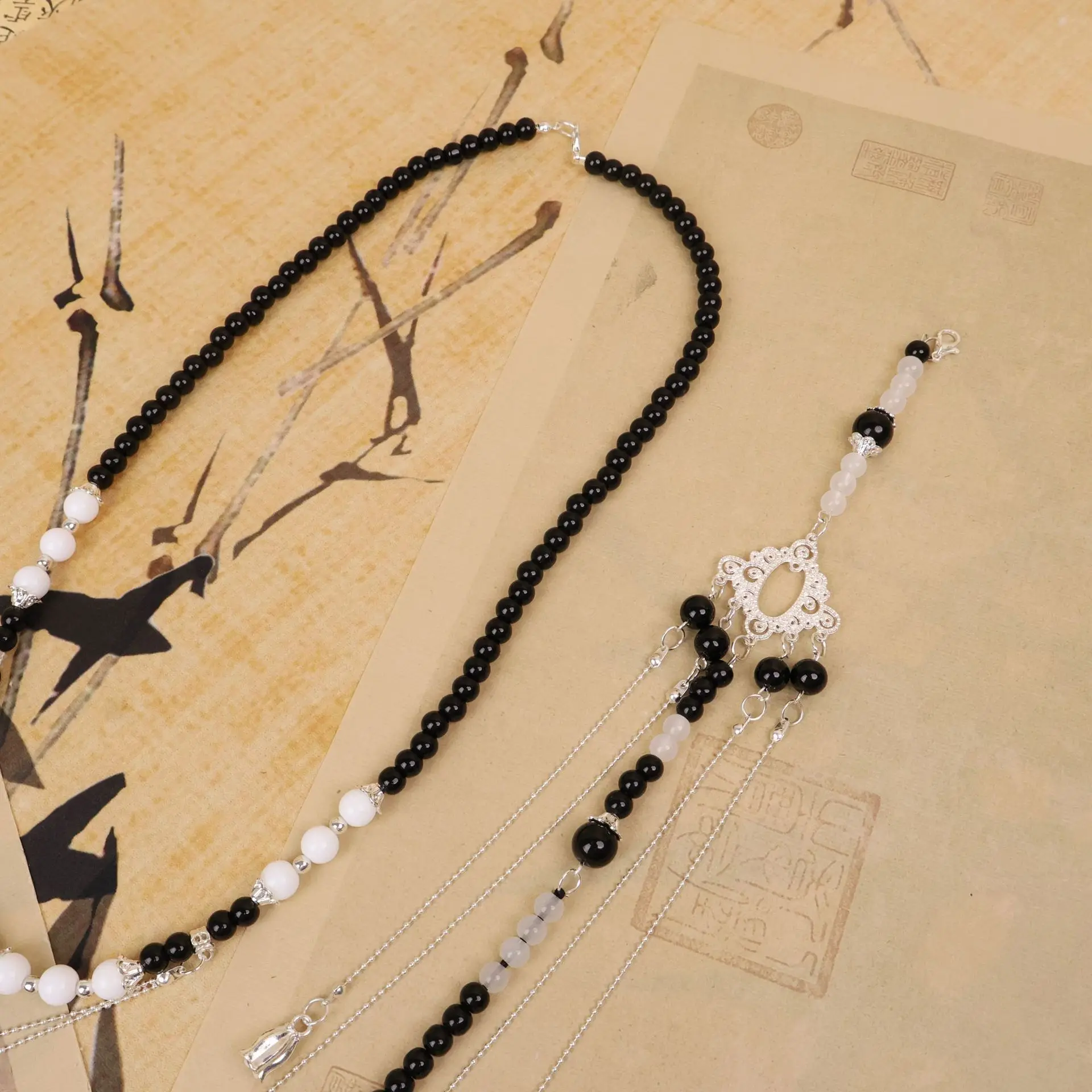 Original Chinese Hanfu Ink Wash Style Yingluo Necklace Set With Extra Long Tassel Beiyun Pendant Retro Versatile Costume Jewelry