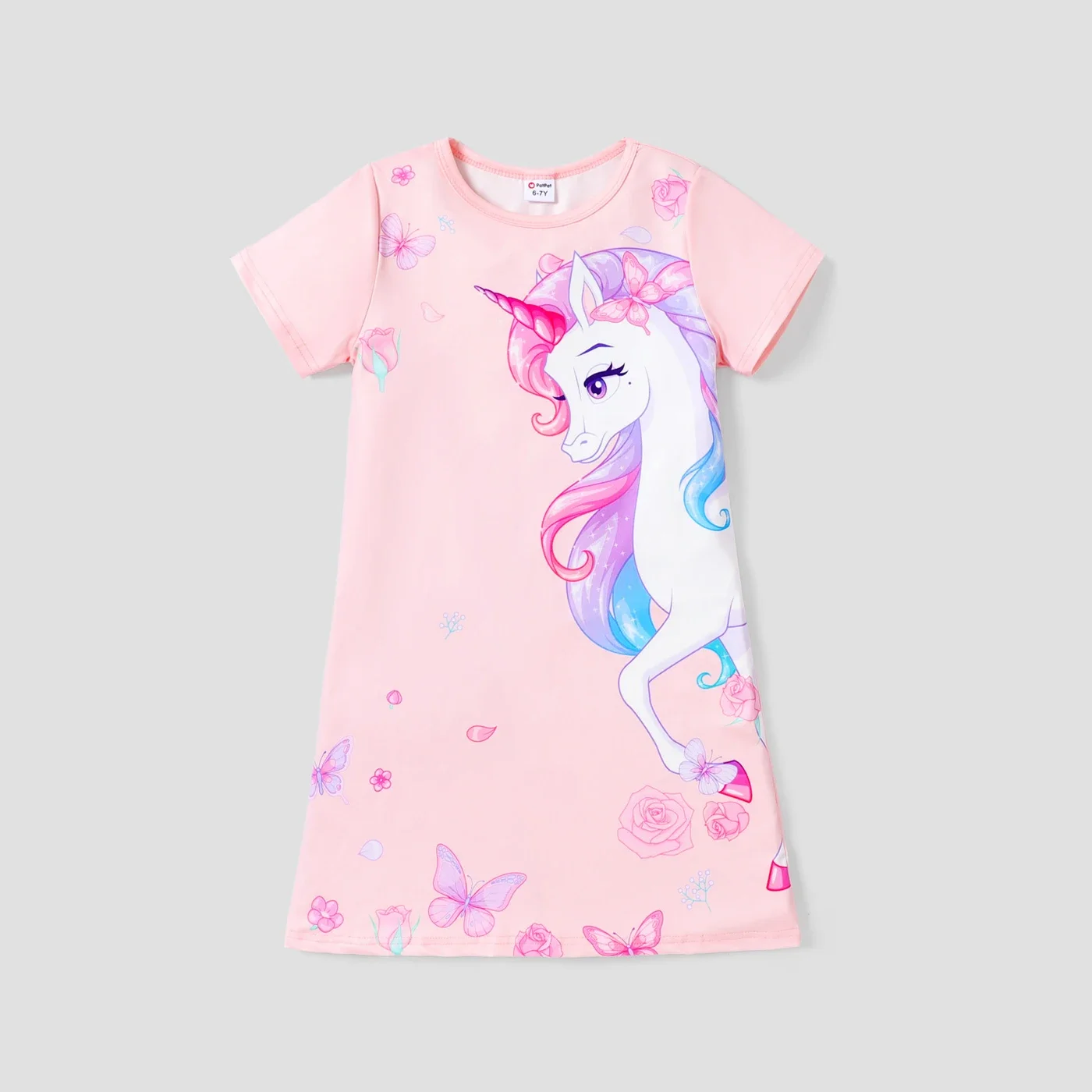 PatPat Kid Girl Unicorn Print Short-sleeve Light Pink Dress Soft and Comfortable  Perfect for Outings and Daily Wear Basic Style