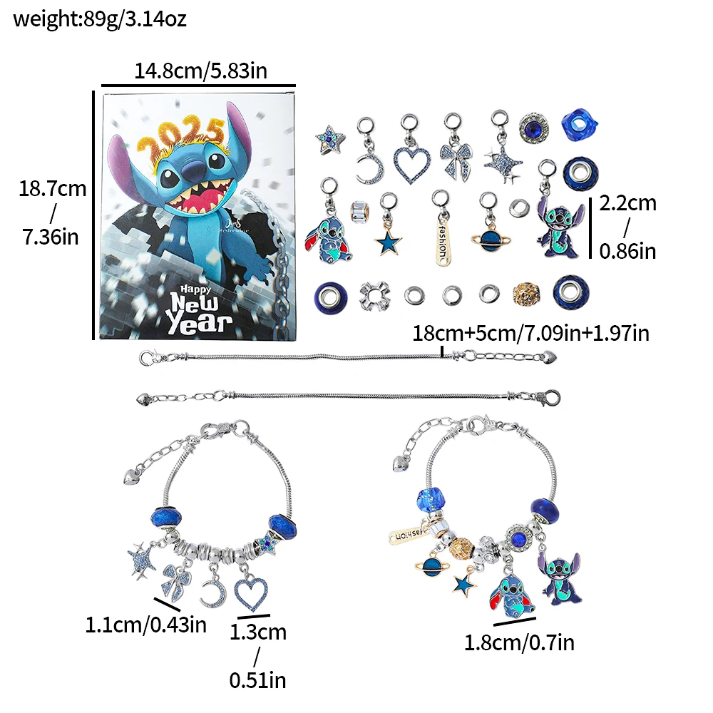 Dijes de Lilo y Stitch de dibujos animados de Disney, caja ciega sorpresa de Adviento, pulsera de moda de punto DIY para regalos de juguetes creativos de cumpleaños
