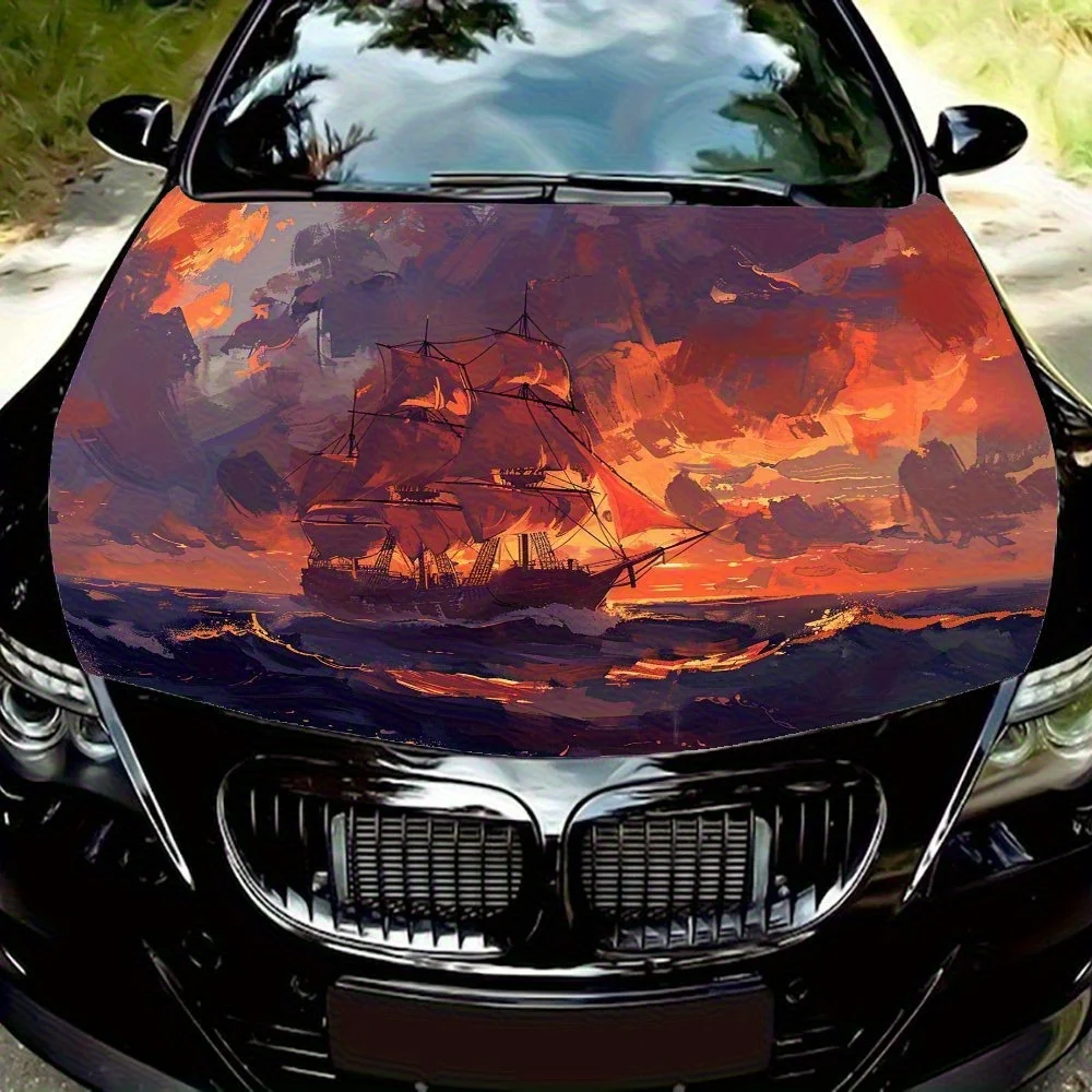 ملصق غطاء محرك السيارة على شكل قارب إبحار عند غروب الشمس - ملصق لف من الفينيل المتين مع معظم المركبات، مادة فينيل خارجية عالية الجودة