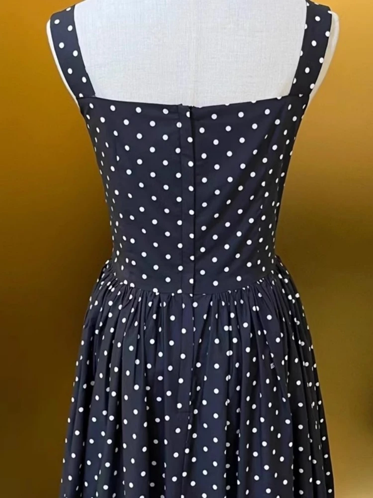 Catwalk Elegante Zomer Vakantie Polka Zwarte Midi Dot Jurk Vrouwen Franse Knoop Spaghetti Bandje Lange Zonnejurk Feest Prom Robe