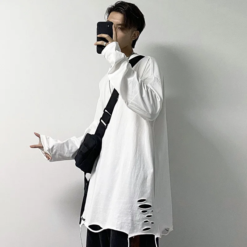 EBAIHUI Bottom Shirt Perforated Design Men T-shirt White Long Sleeved Inner Hoodie for Male Tee Solid Color Round Neck Loose Top