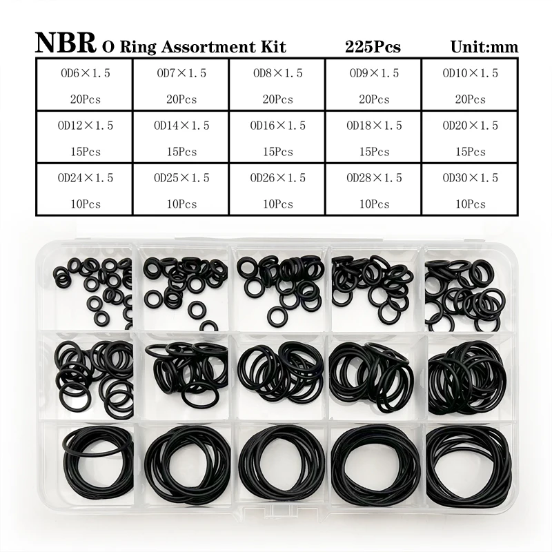 

225Pcs NBR O Ring CS1.5 Rubber Gasket Nitrile Rubber High Pressure Oil Resistance O-Ring Faucet Sealing Valve O Rubber Rings Kit