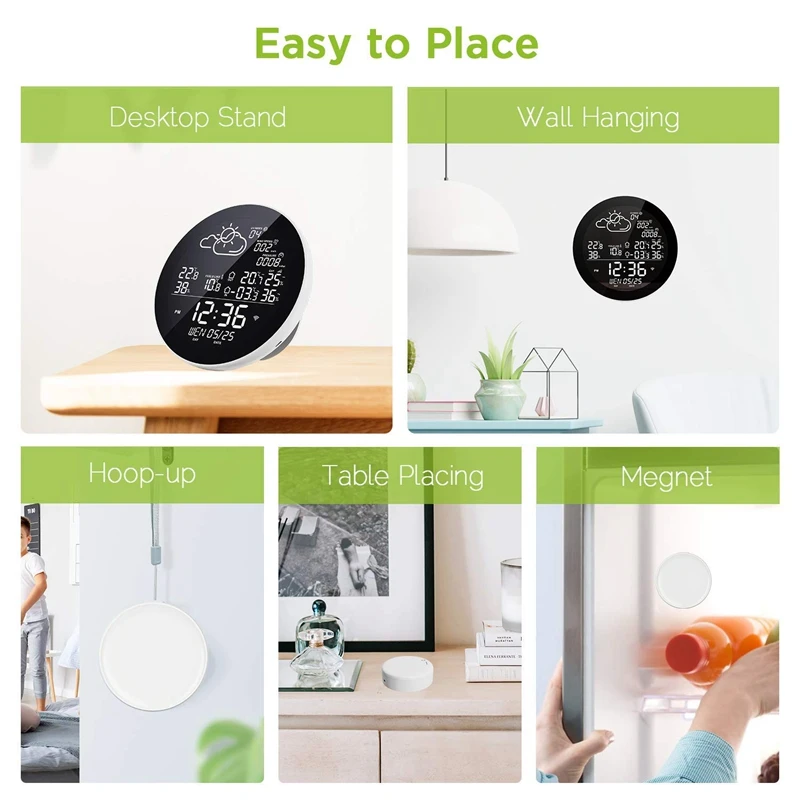 RSH Tuya 스마트 기상 관측 실내 실외 스마트 온도계 습도계, LCD 디지털 알람 시계
